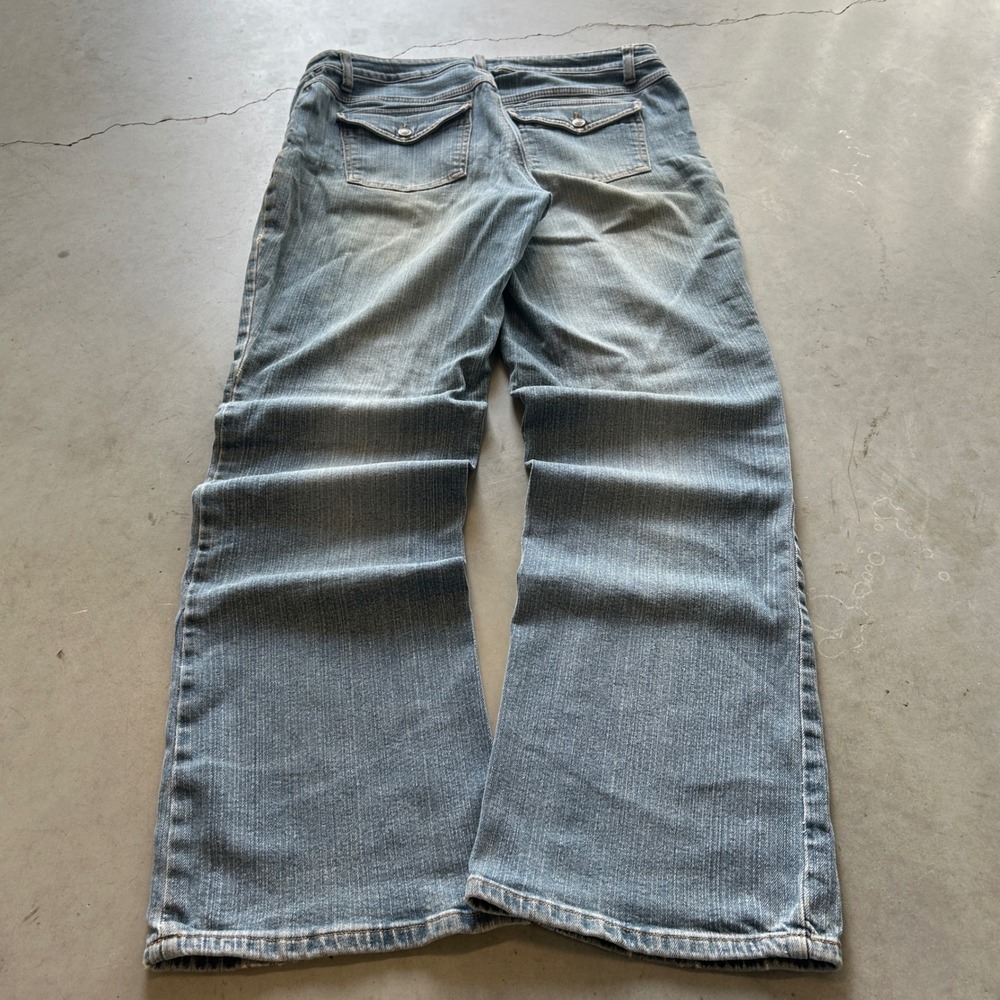 LA Blues Womens Stretch Jeans Blue Wide Leg Y2K Patch Pocket Size 12 34x30